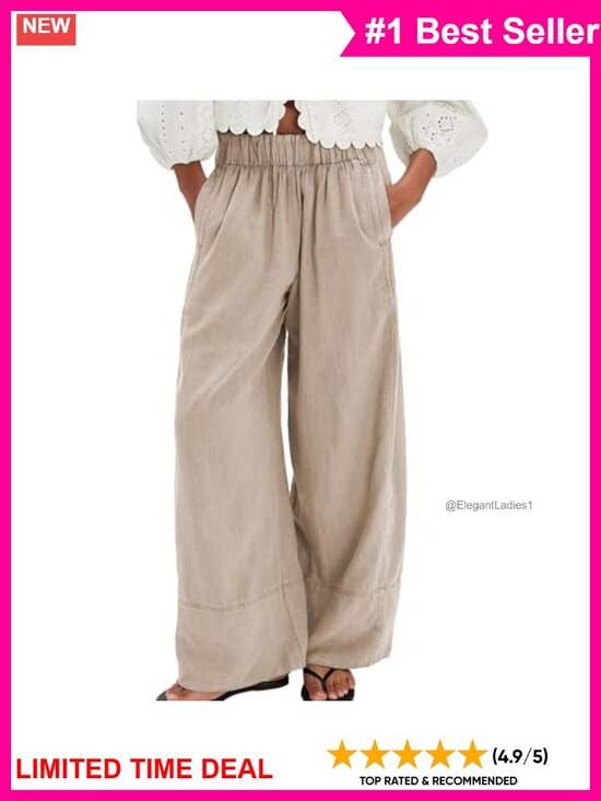 Pants - Cotton Linen Wide Leg Palazzo Lounge Trousers Women Pull On
